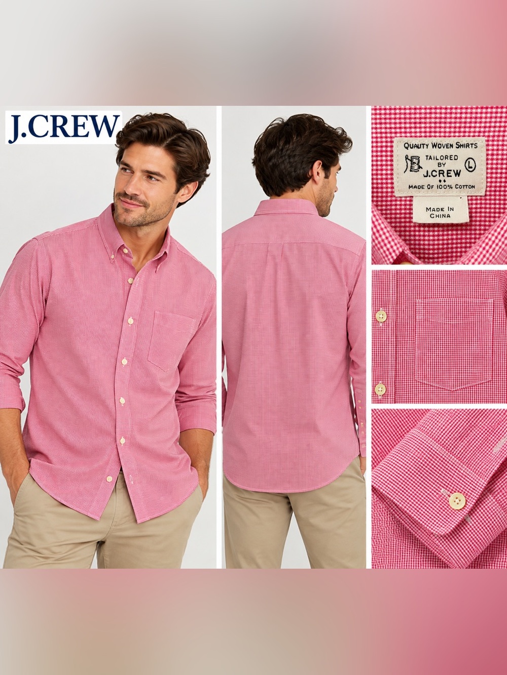 J.Crew Men’s Large Red & White Gingham Button Down Shirt 100% Cotton